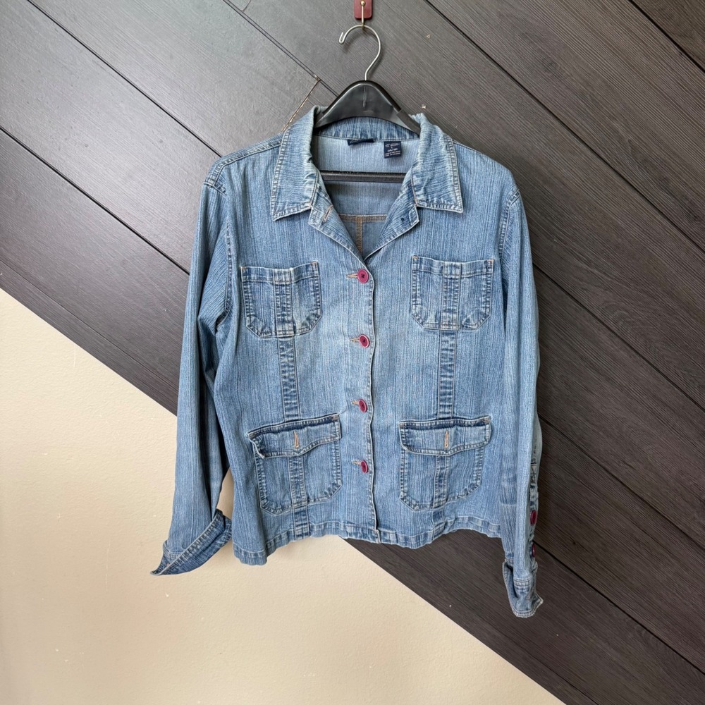 Bailey's Point Women Stretch Denim Utility Jacket Blue Button Front L 14/16 Y2K
